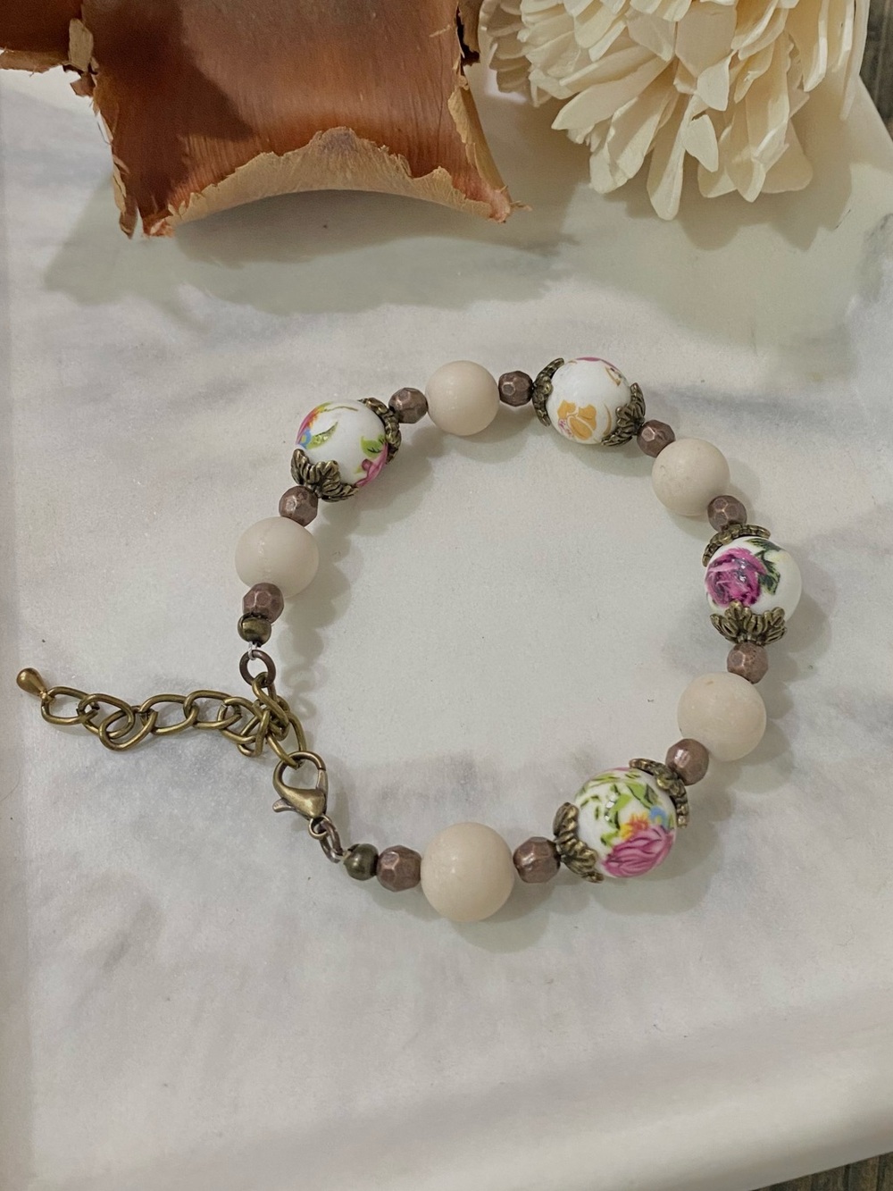 Vintage Inspired Floral Bead Bracelet, Antique Bronze Adjustable Chain